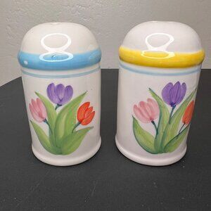 Mervyns 1998 Hand-Painted Tulip Ceramic Salt & Pepper Shakers Blue & Yellow